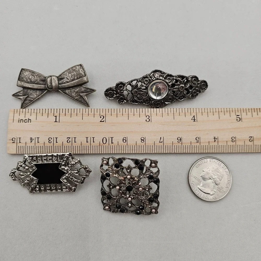 Brooch Lot Silver Toned Floral Bow 9pc Pin Vtg Enamel Rhinestone Cabochons Black